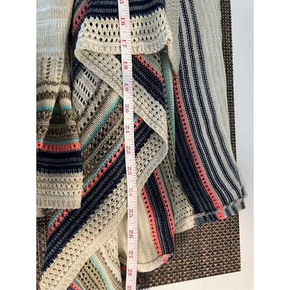 Multicolored Boho Cardigan Womens Medium Open Knit Beige Sweater Striped Top - Picture 11 of 11